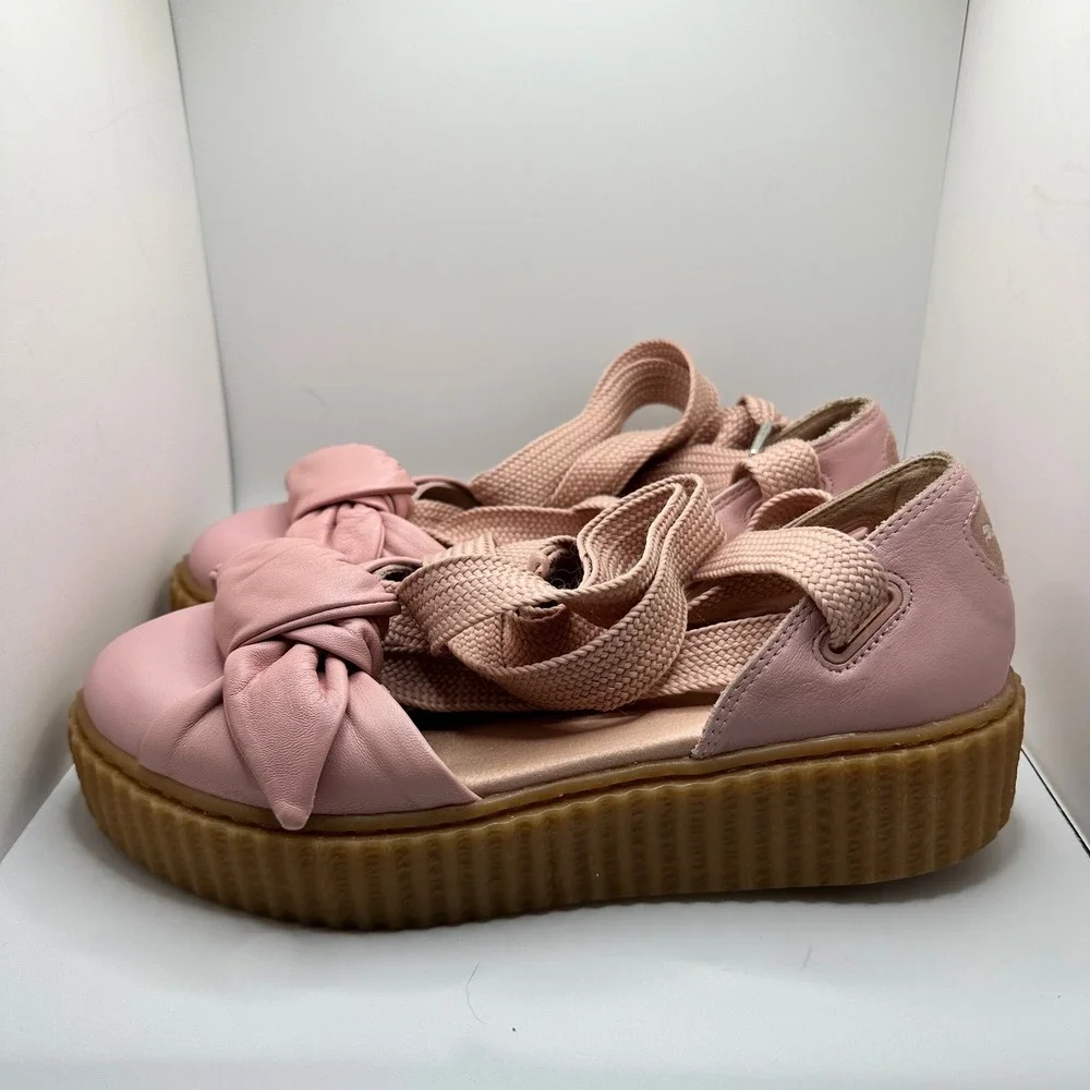 Puma Fenty Rihanna Bow Creeper Sandal Pink Leather‎ Platform Lace Up Size 7